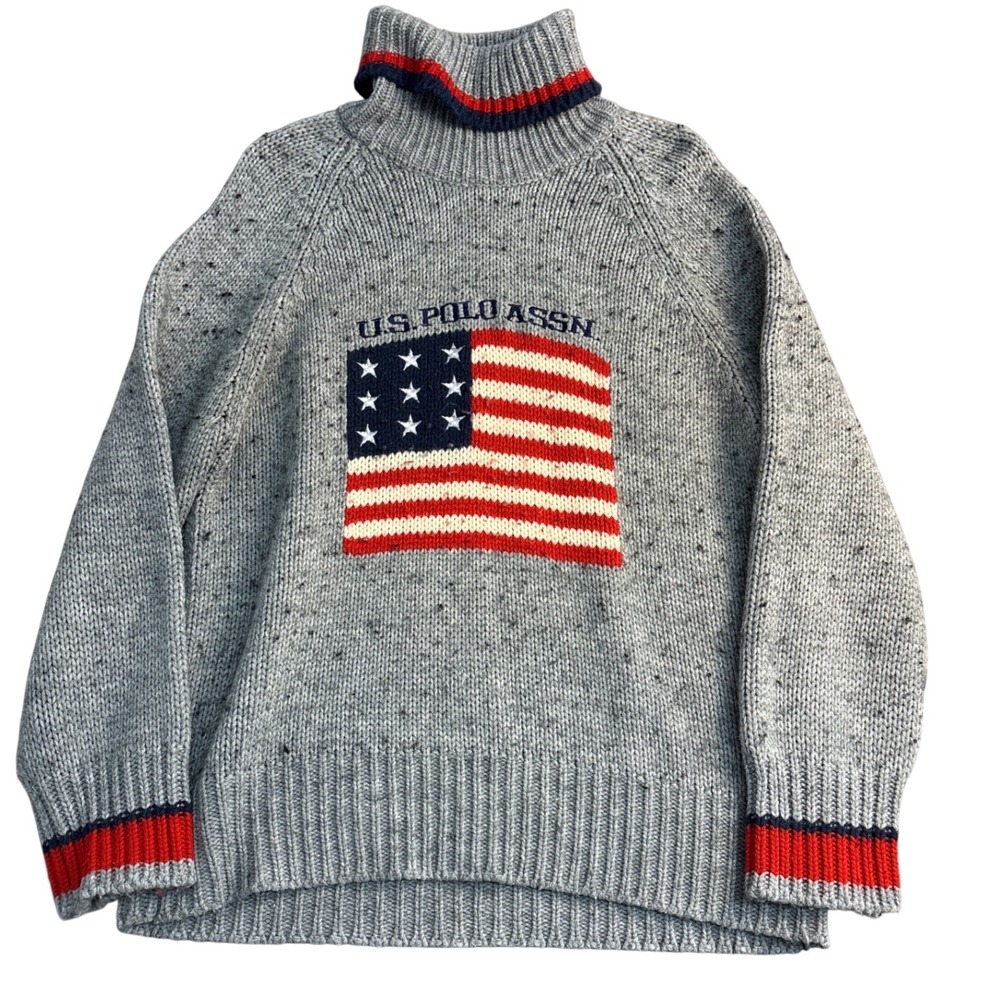 US Polo Assn Mens 3X Grey American Flag Turtleneck Sweater P2012W Raglan Knit